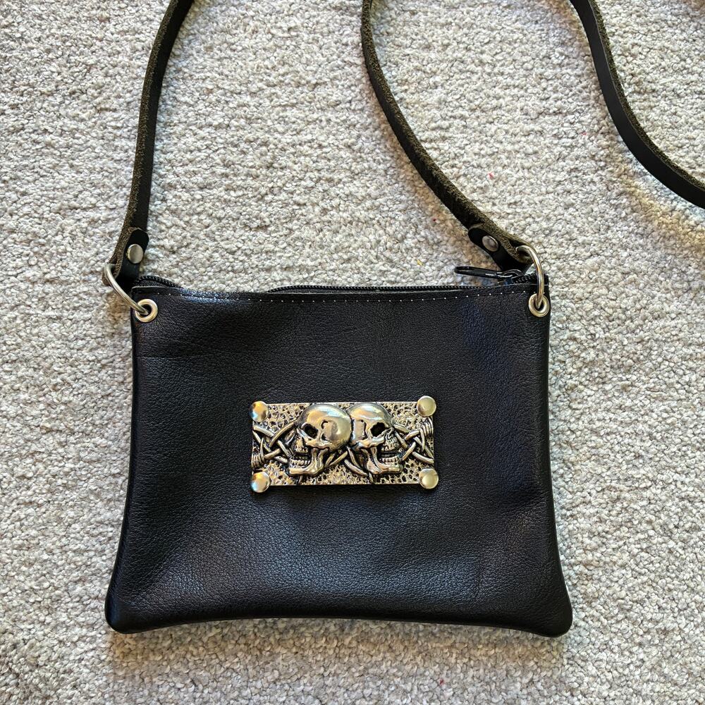 Vintage Black Leather Crossbody Bag Dual Skull Metal Plaque Punk Goth Biker